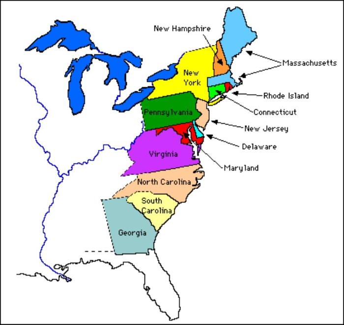 Thirteen colonies map with rivers